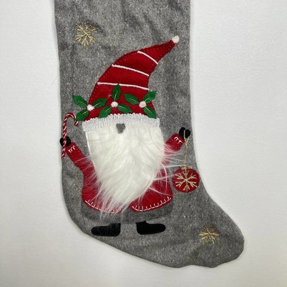 New Isaac Mizrahi Gnome Christmas Stocking 22" Gray Red Wool - Picture 4 of 8